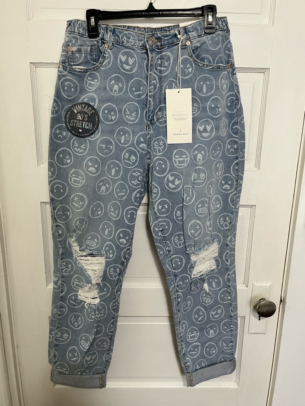Gemma Rae Light Wash Emoji Print Distressed Jeans 15/32